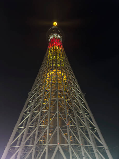 istock Looking up at Tokyo Sky Tree tower with a starry night sky 2196799113