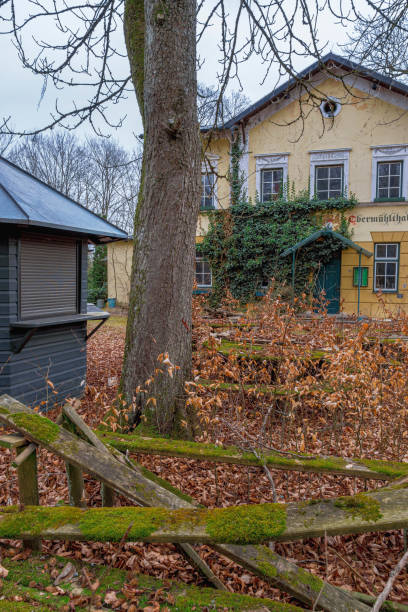 Lost Place, overgrown beer garden with mossy seating areas, Gasthof Obermuehltal, Bavaria, Germany, Europe