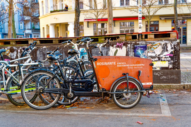 Berlin, Germany - January 19, 2025: Cargo bike for free rental in a residential area of Berlin.
