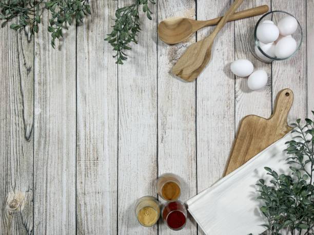 istock Farmhouse Style Kitchen Background on Light Wood With Plants 2196811374