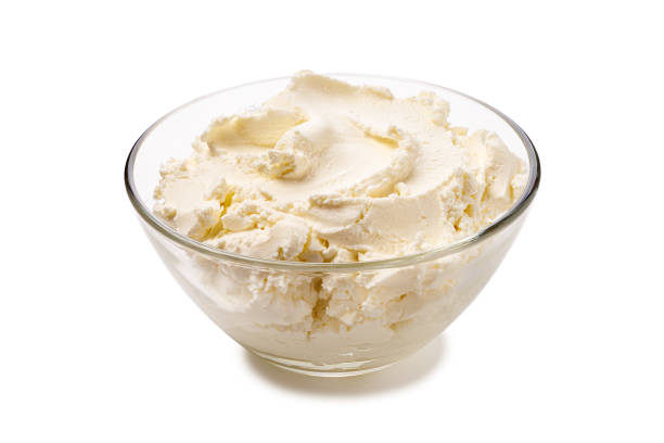 istock Fresh cream cheese on white background in glass bowl 2196812334