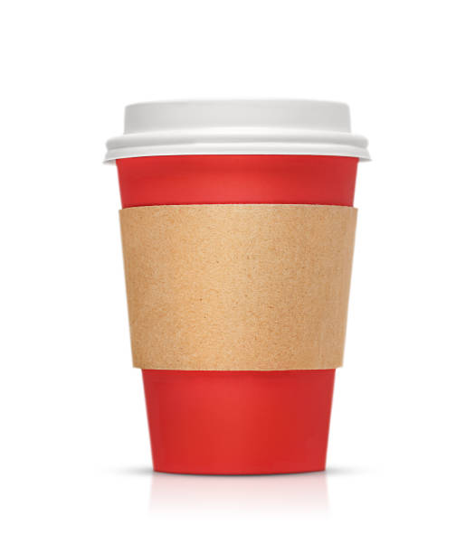 red paper cup for drinks with lid and cardboard holder, isolated on a white background