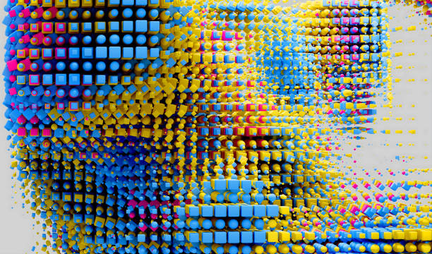 istock 3d render of abstract art of surreal decorative 3d background based on small cubes boxes squares balls spheres particles in bright mix blue yellow and pink color on grey background 2196818577