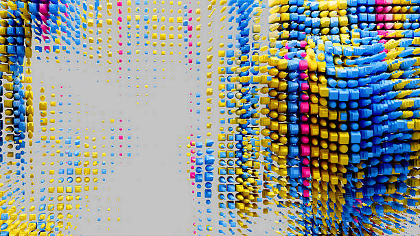 istock 3d render of abstract art of surreal decorative 3d background based on small cubes boxes squares balls spheres particles in bright mix blue yellow and pink color on grey background 2196818588