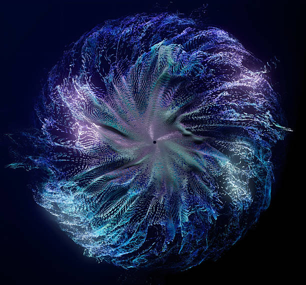 istock 3d render of abstract art with surreal ring circle as fantasy flower emit small particles around in wavy liquid splash pattern in glowing neon blue and purple color on dark blue background 2196818687