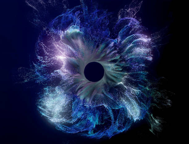 istock 3d render of abstract art with surreal ring circle as fantasy flower emit small particles around in wavy liquid splash pattern in glowing neon blue and purple color on dark blue background 2196818704