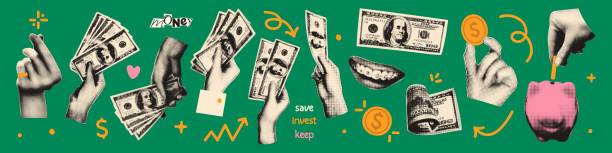 Money halftone collage cut outs set vector illustration Money halftone art collage cut outs set. Paper clippings, hands holding dollar bills, coins, piggy bank stickers with vintage dotted texture and doodles. Modern retro mixed media vector illustration weird spot stock illustrations