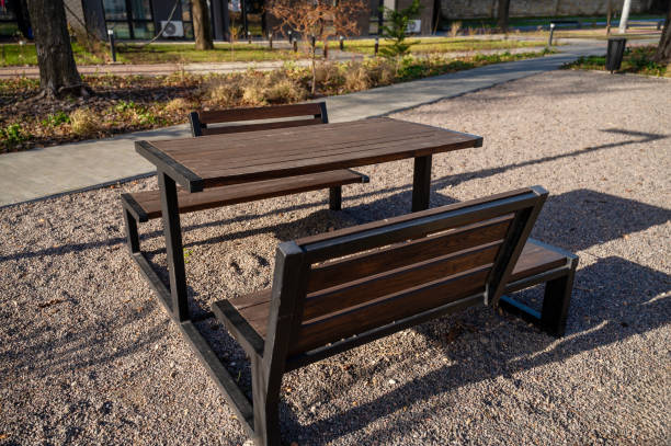 istock Large table and benches made of wood 2196826928