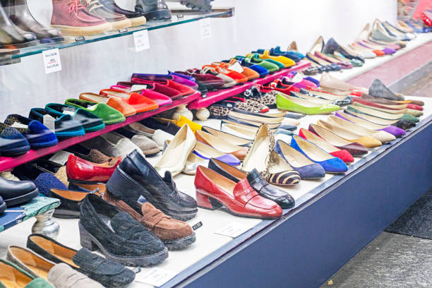 stylish multi-colored shoes and boots in the store
