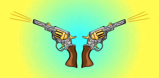 Two ornate revolvers firing bullets with dark background, ideal for security and weapon concepts