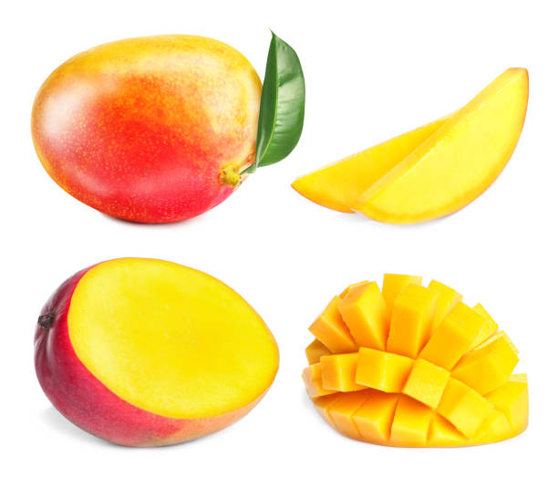 istock Whole and cut mango fruits isolated on white 2196839519