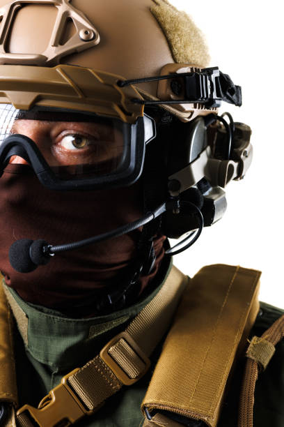 istock Close-Up of a Tactical Professional in Full Protective Gear on White Background 2196839551
