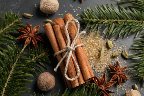 istock Different spices, nuts and fir branches on gray table, flat lay 2196839726