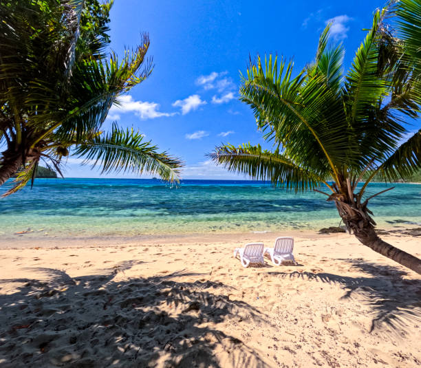 istock On a tropical island beach, white deck chairs are set up for sunbathing, with a blue channel and distant coral as the backdrop 2196840678