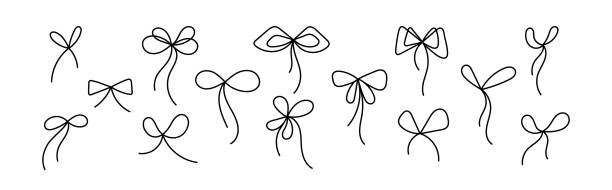 Bow line collection Minimal vector thin art stroke Bow line collection. Minimal vector thin stroke. Elegant holiday packaging, festive present. Outline sign. Hand drawn doodle illustration isolated on clear background. Editable stroke drawing of the a bow tie stock illustrations