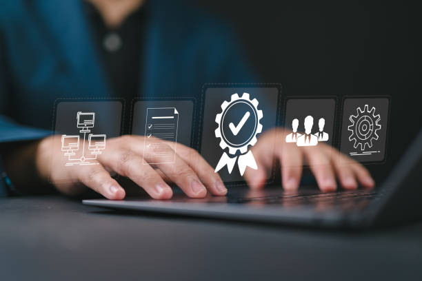 istock Standard quality control certification assurance guarantee concept. Business person working with laptop and approve certificate. Quality assurance QA, Quality control QC, Compliance with regulations, 2196850042