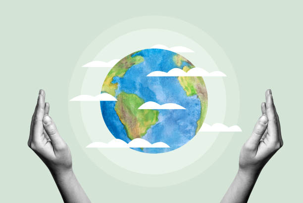 istock Environmental protection. Earth in hands on pale green background. Earth Day. Collage 2196850304