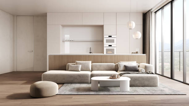istock Stylish living room with kitchen in warm natural colors, interior with white sofa 3d rendering 2196852314