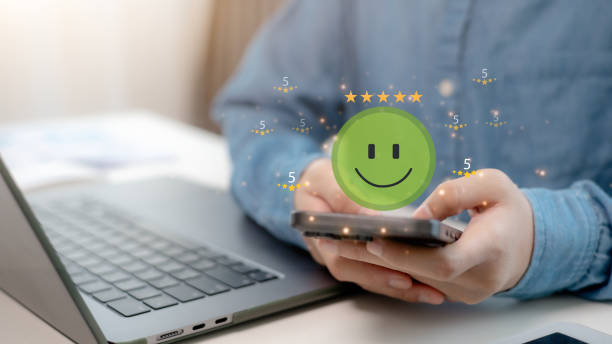 istock Customer service and Satisfaction concept, Business people touching the virtual screen on the happy Smile face icon to give satisfaction in service. rating very impressed. 2196868927