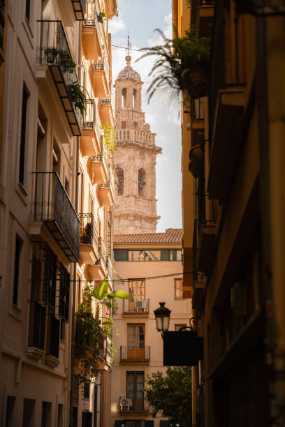 Bell tower and Valencia Cathedral in Valencia, Spain stock photo