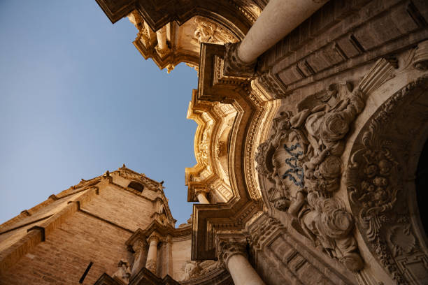 Architectural detail of the arches above the entrance of the Church in Valencia, Spain. Travel, tourism concept