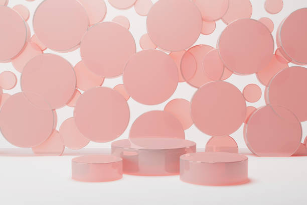 istock White abstract stage mockup, three pink plastic smooth round podiums, flying circles decor. Template 3D illustration modern, fashion scene for presentation cosmetic products, goods, advertising, sale. 2196882233