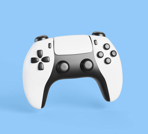 istock 3d video game controller for sony playstation or xbox. Realistic render of white wireless gaming joystick, gamepad, joypad with black buttons for pc or tv isolated on blue background 2196883403