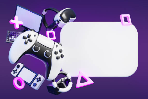 istock Gaming night blank poster, video game live stream 3d render. White banner mockup with joystick, vr glasses, computer, console, wheel on neon background. Online tournament announcement 2196883414