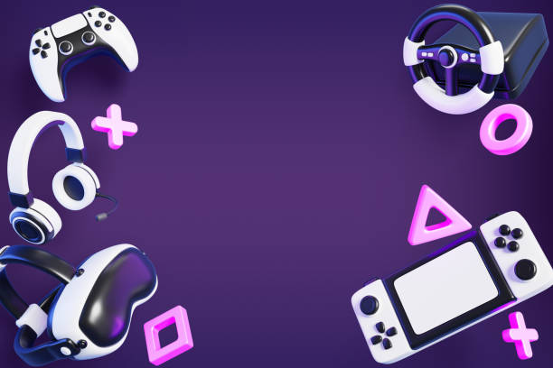 istock Neon video game devices dark 3d background. VR glasses, joystick controller, portable console, headphones, steering wheel, futuristic button. Metaverse technology render purple banner 2196883416
