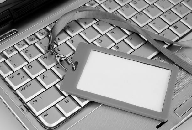 istock Blank badge on laptop keyboard close up. 2196885970