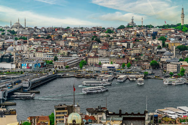 A vibrant city scene featuring a landmark bridge spanning the river, surrounded by historic architecture, city activity, and boats along the bustling shores.