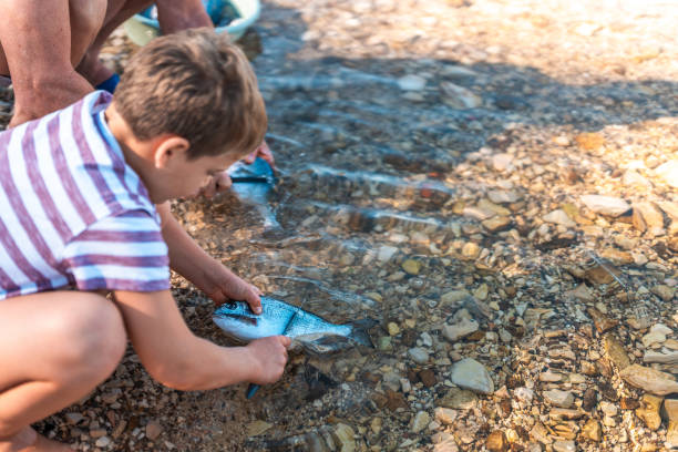istock Determined Young Boy Cleaning Fish by Rocky Shore 2196895433