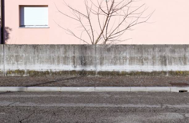 istock Concrete fence at the roadside stained by moss. Pink plaster wall, window shutter and bare tree on behind, sidewalk and street in front. 2196895546