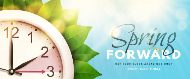 Spring Forward. Daylight saving time banner with wall clock Spring Forward. Daylight saving time banner with realistic 3d wall clock, green foliage and bright sun rays on blue sky background. Set your clock ahead one hour on 9 March 2025. Vector illustration spring forward stock illustrations