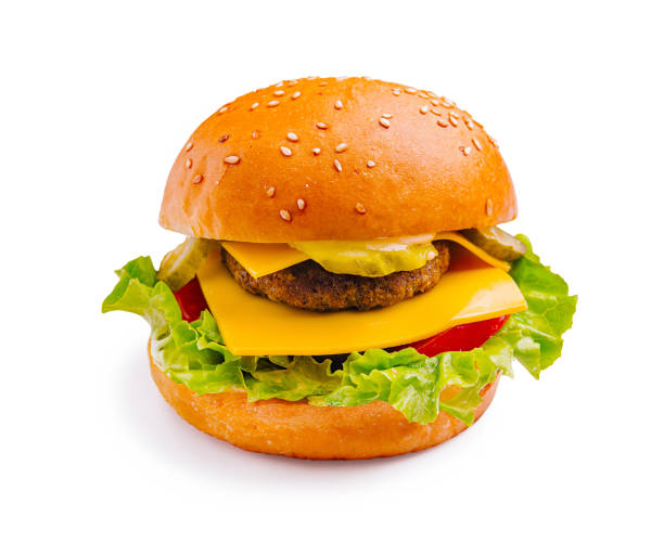 istock Delicious cheeseburger with fresh lettuce, tomatoes, and pickles served on a sesame seed bun 2196906424