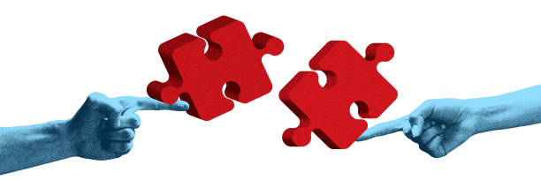 istock Minimalist abstract design. Hands, partners connecting puzzle pieces. Cover style design with photocopy effect. 2196908651