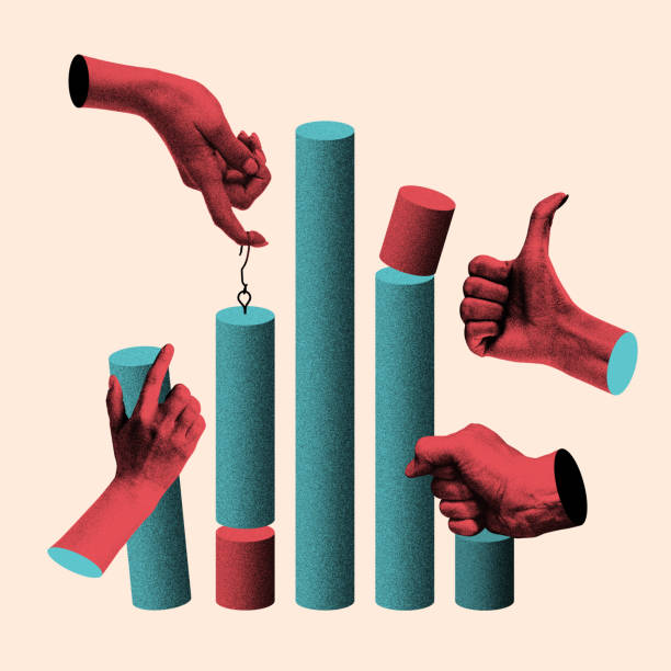 istock Conceptual illustration of hands engaging in teamwork, stacking cylinders to form bar chart. 2196908665