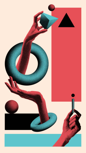 Hands interacting with geometric shapes, forming dynamic composition of teamwork. Abstract art collage