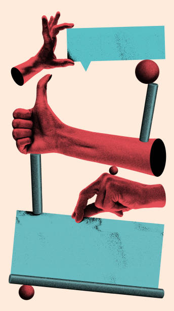 istock Multiple hands arrange shapes and speech bubbles. Efficient communication and marketing strategy. Abstract art collage 2196908684