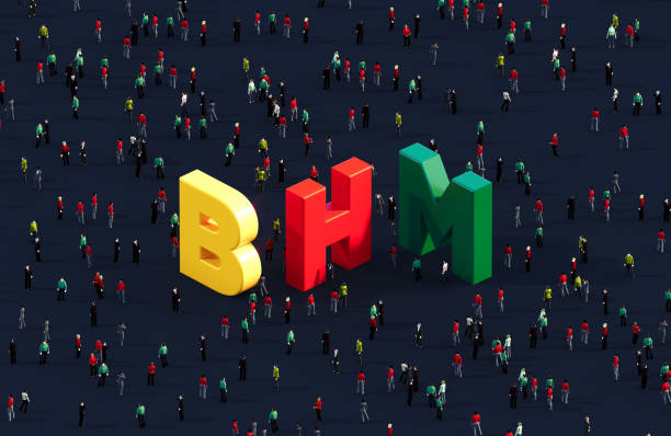 Black History Month  surrounded by human crowd on black background. Horizontal composition with copy space. Black History Month Concept