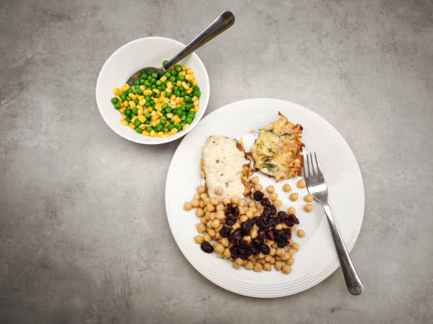 Six ready meals of healthy buffet isolated top view. School meal, hospital food collection. Healthy diet set with porridge, salad, soup, eggs and fish