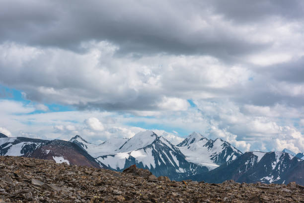 istock Small flowers among sharp stones on high stony pass with view to three snow pointy peaks far away under dramatic cloudy sky. Freshly fallen snow on rock mountain top and few rocky snowy peaked tops. 2196927529