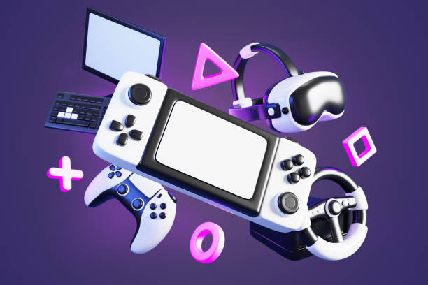 Gaming devices in neon light on dark background. Realistic 3d portable video game console, joystick, vr glasses, steering wheel, computer and flying buttons, render purple web banner. 3D illustration
