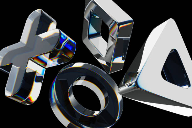 Abstract 3d black background with glass holographic transparent geometric circle, square, triangle, plus shapes render. Crystal rainbow gradient dispersion light. Digital tech banner. 3D illustration
