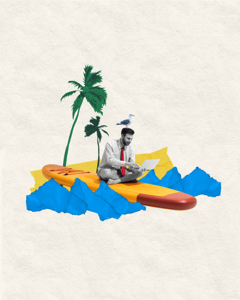 istock Remote work paradise. Relaxed businessman sitting cross-legged on paddleboard, working on laptop, seagull perched on head. 2196931097