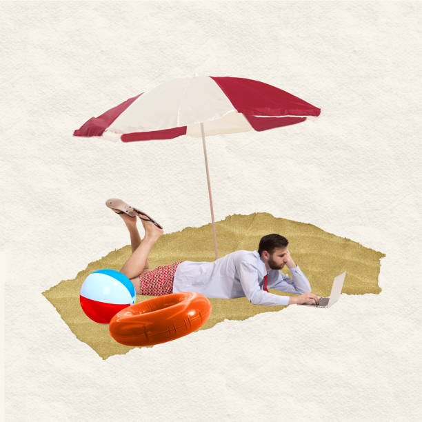 Unplugging for weekend. Businessman with beach ball, inflatable ring, lying under umbrella, working on laptop.