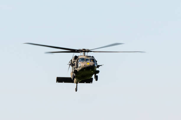 A US Air Force Sikorsky UH-60 Black Hawk from the 101st Airborne Division arrives at the scene of an air attack demonstration commemorating Operation Market Garden in The Netherlands.
