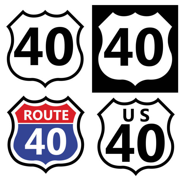 us-route 40. us 40 highway schild. 40 route-symbol. 40 autobahn interstate american freeway usa kalifornien route. - verkehrsschild stock-grafiken, -clipart, -cartoons und -symbole