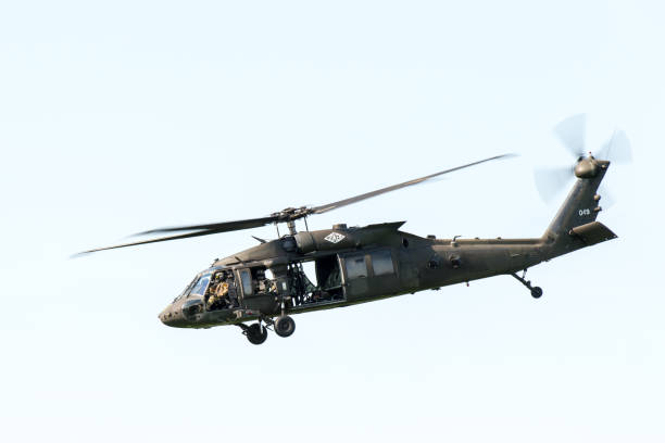 A US Air Force Sikorsky UH-60 Black Hawk from the 101st Airborne Division leaving the scene of an air attack demonstration commemorating Operation Market Garden in The Netherlands