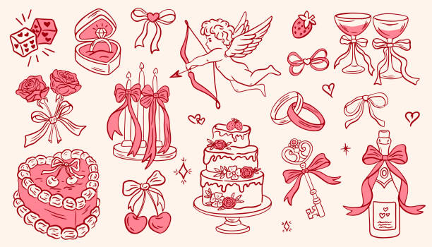 2644_vintage_wedding Hand drawn coquette elements for Valentines day, wedding invitation, birthday card. Cute girly bows, hearts, ribbons, cherry, cake, champagne, strawberry. Vintage elegant vector illustration. heart locket drawings stock illustrations
